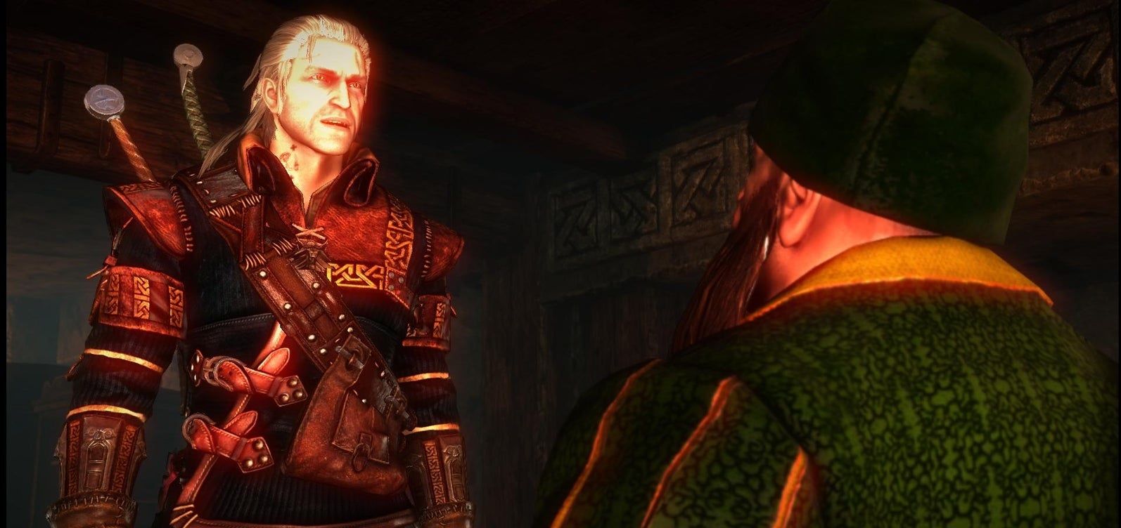 Fragment gry Wiedźmin 2: Zabójcy Królów przedstawiający Geralta i Cecila Burdona, którego dubbingował Włodzimierz Bednarski.