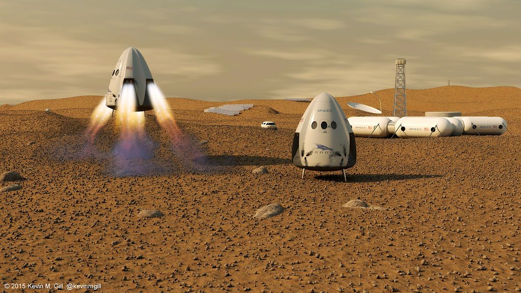 Wizualizacja zasiedlania Marsa. Misja z użyciem statków Crew Dragon od SpaceX.