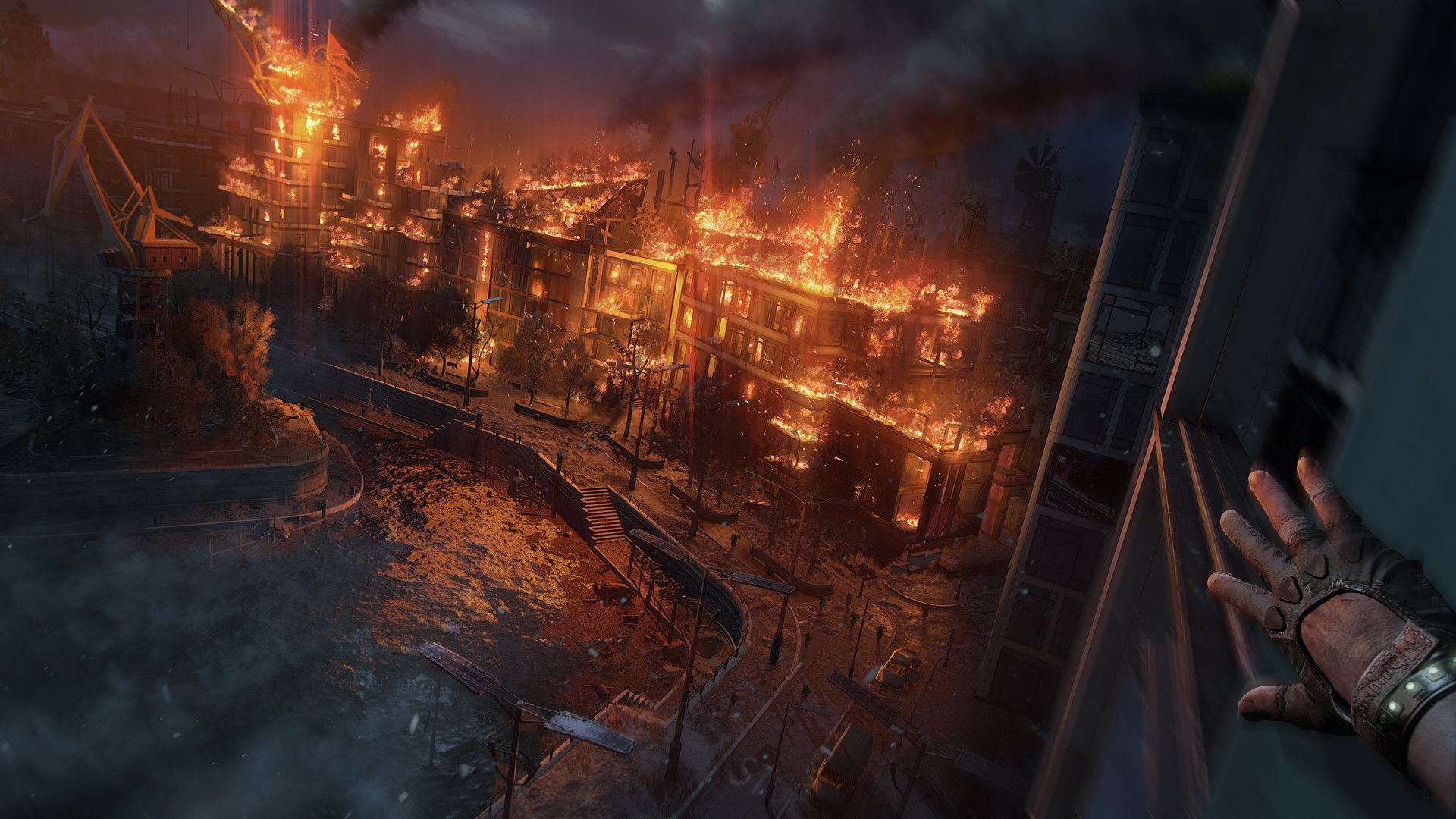 Płonące budynki na screenie z Dying Light 2